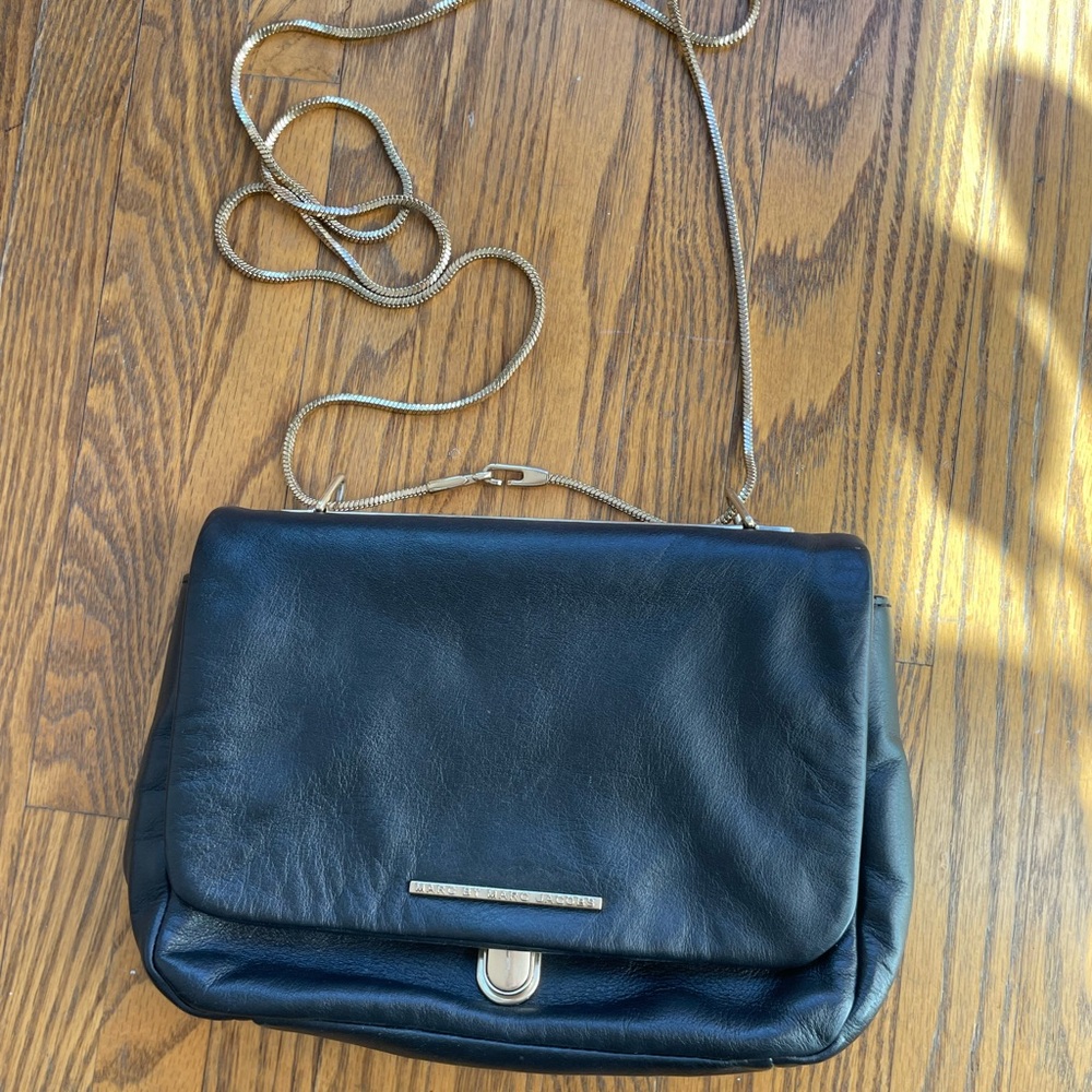 Marc Jacobs Black Leather Crossbody Bag with Silver Chain